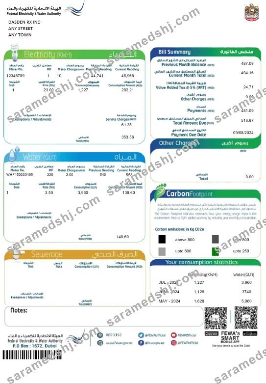 UAE Dubai Federal Electricity & Water Authority business utility bill Word and PDF template